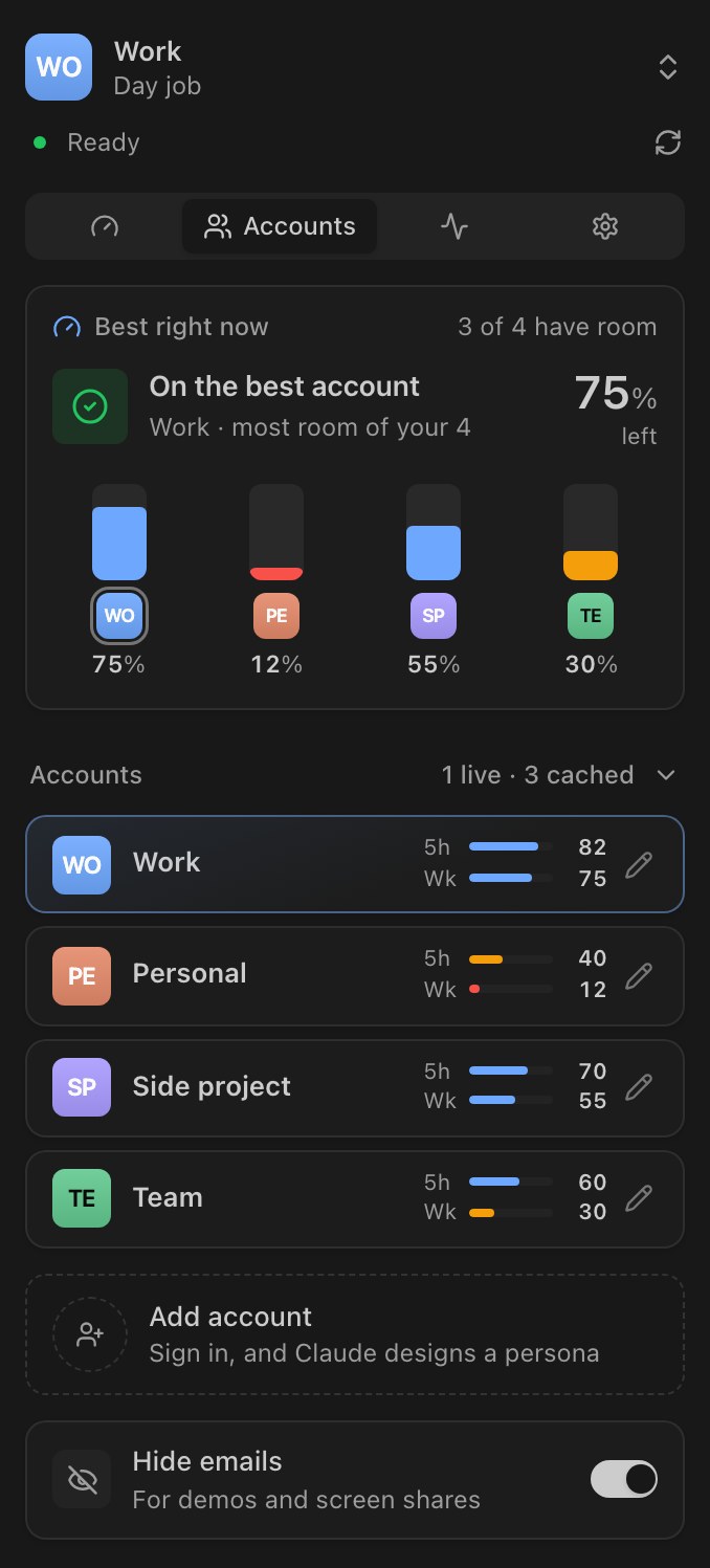 The Accounts tab folded to one line per account