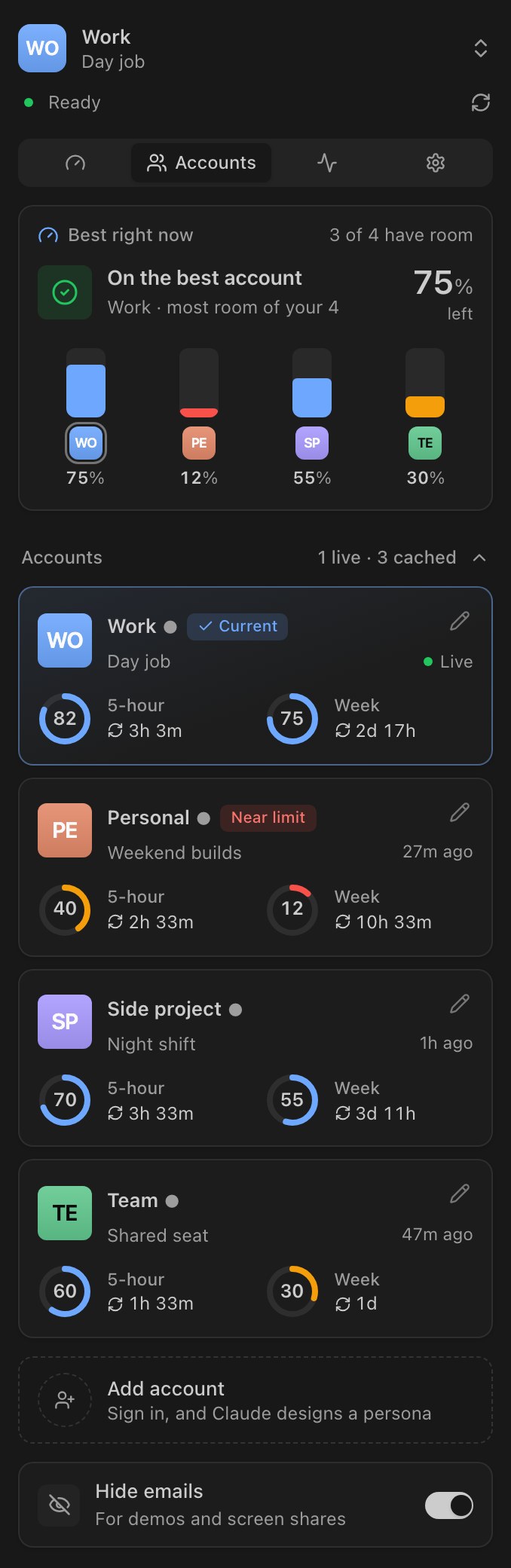 The Accounts tab: the account with the most room at the top, then a card for each account