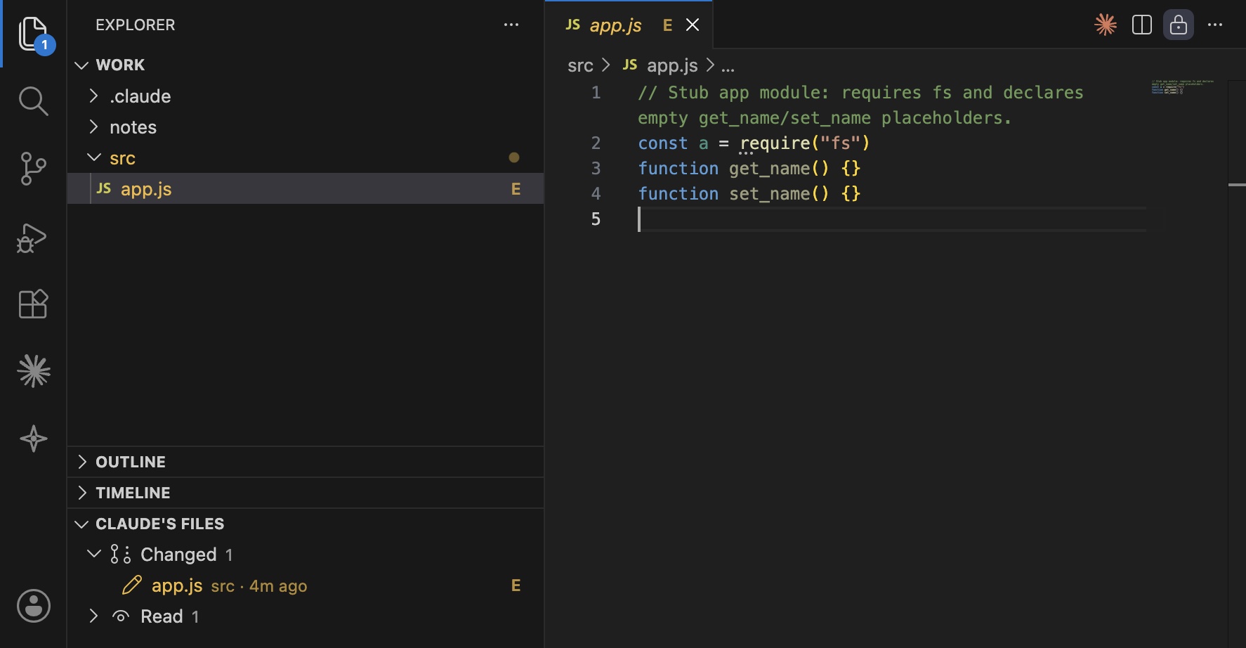 VS Code's file list with an E on the file Claude edited, and the Claude's Files list below it