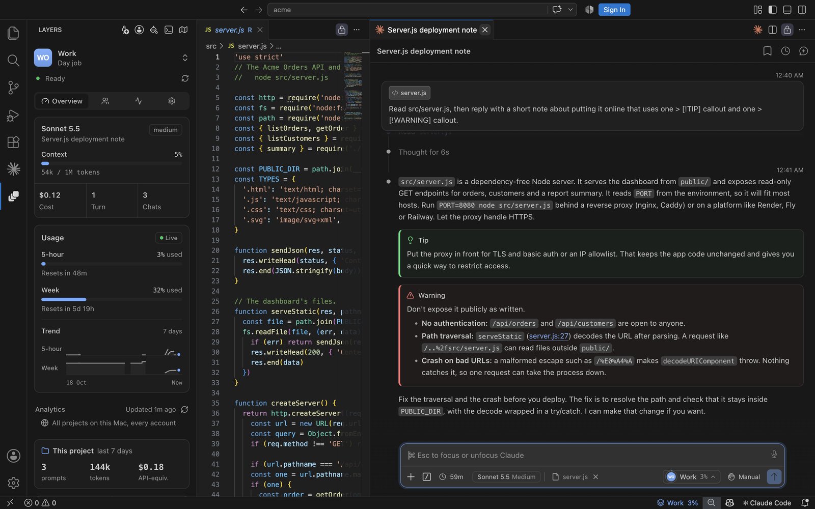 Layers in VS Code: the Layers sidebar, a file and Claude's chat