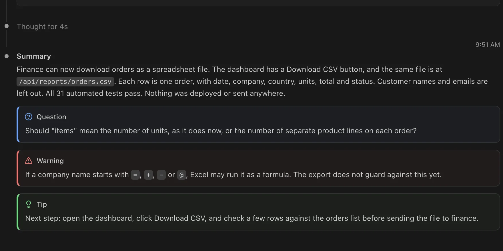 Claude's reply in VS Code with Layers, ending with a Question box, a Warning box and a Tip box.