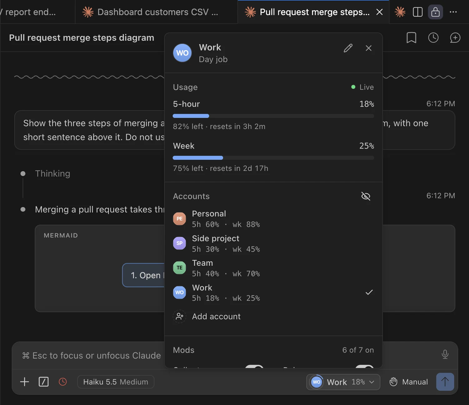 The Layers button, open: the Work account with 82% of its 5-hour limit and 75% of its weekly limit left, and every other account with its usage. The mods start below.