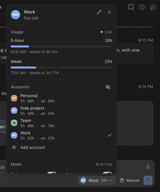 Claude's message box with the Layers button open: the Work account's 5-hour and weekly limits, and every other account with its usage.