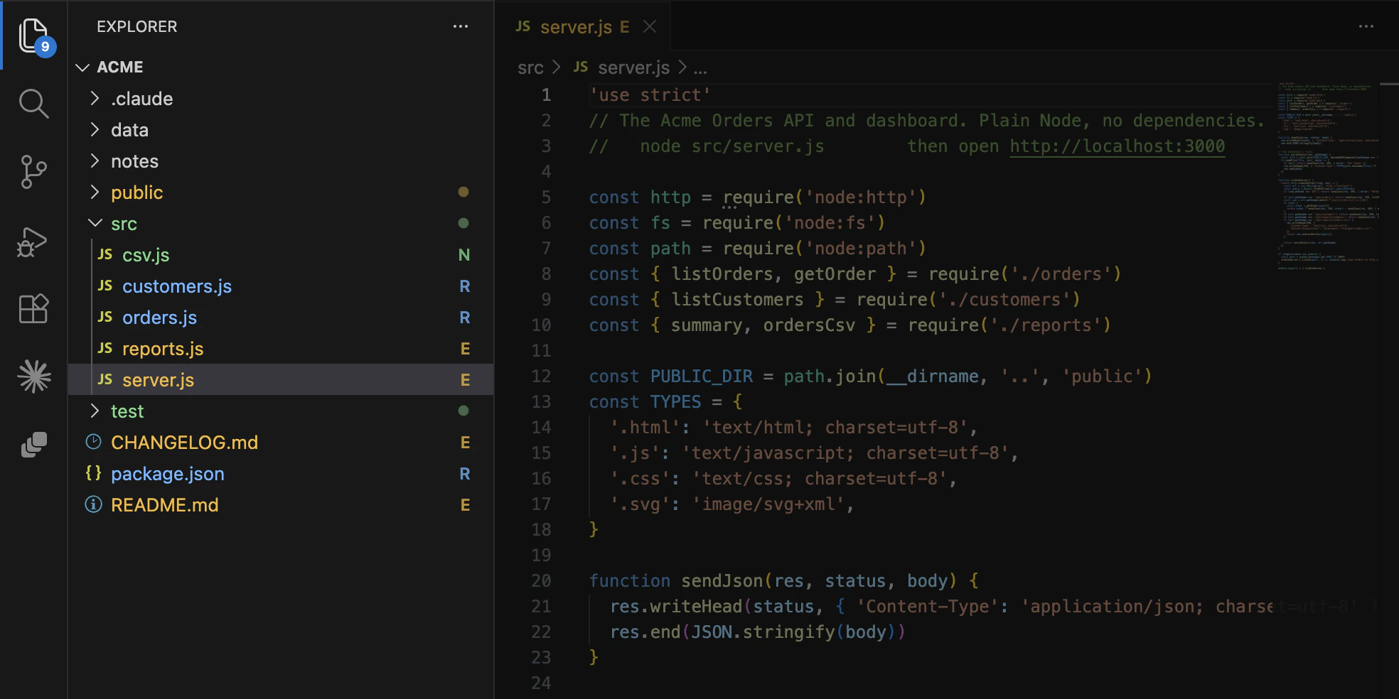 VS Code's file list after a task: N on the new csv.js, E on edited files, R on files Claude read.